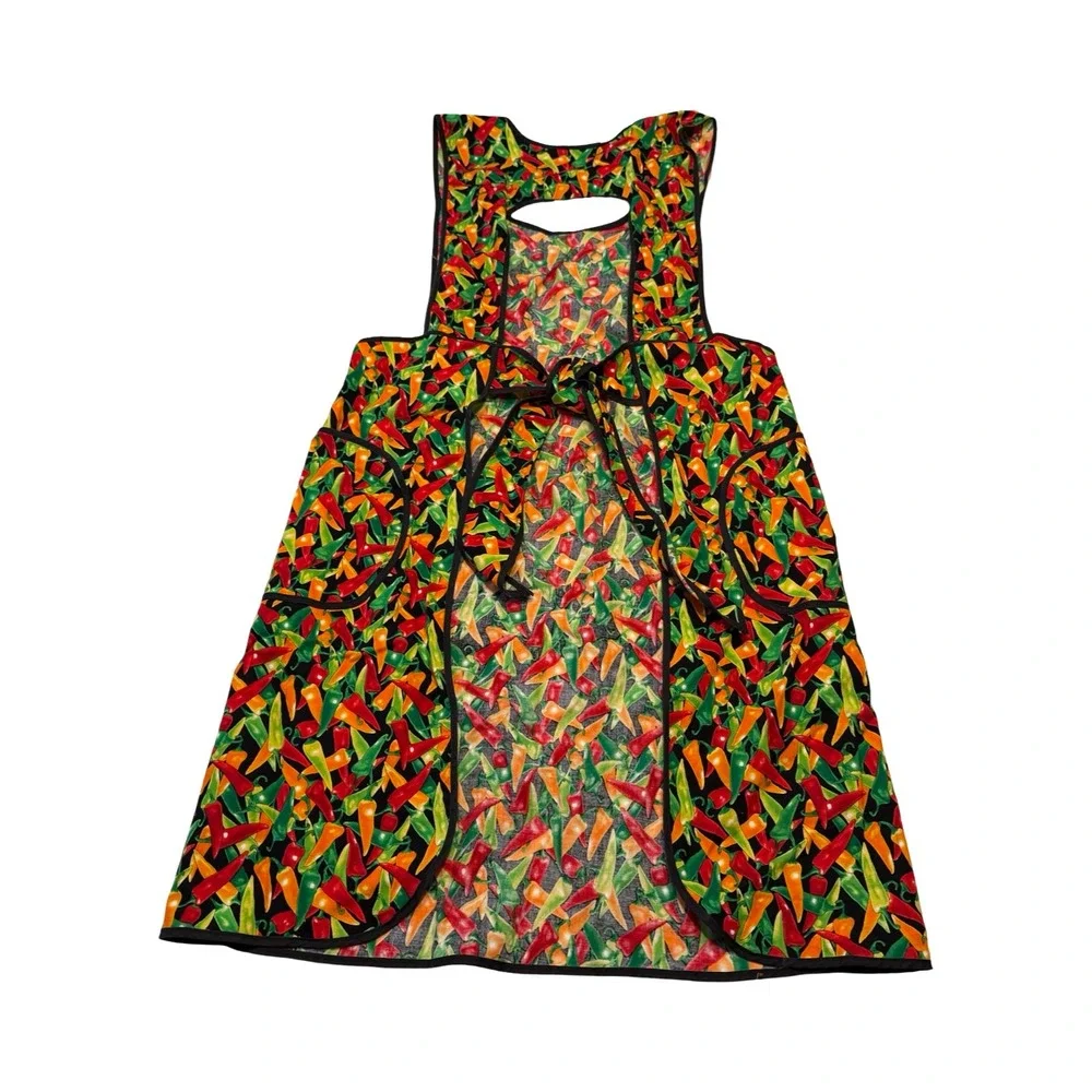 Chili Pepper Print Pinafore‎ Apron Smock Red Green Hot Spicy Kitchen Tie Back